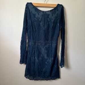 Free People Deep Blue Lace Long Sleeve Dress